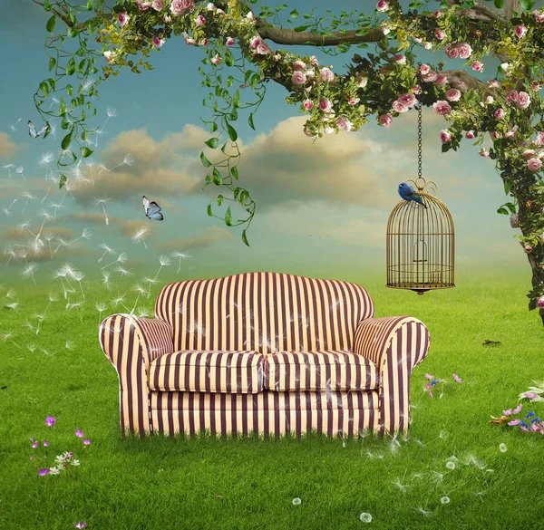 Fantasy landscape and furniture to relax under the rees. — Stock Photo, Image