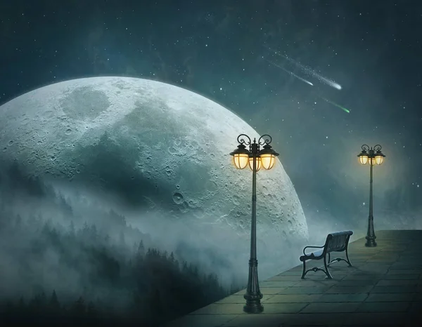 Fantasilandskap på natten med stora moon — Stockfoto
