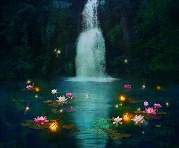 Водоспад, лілії і плаваючі лампи вночі — стокове фото