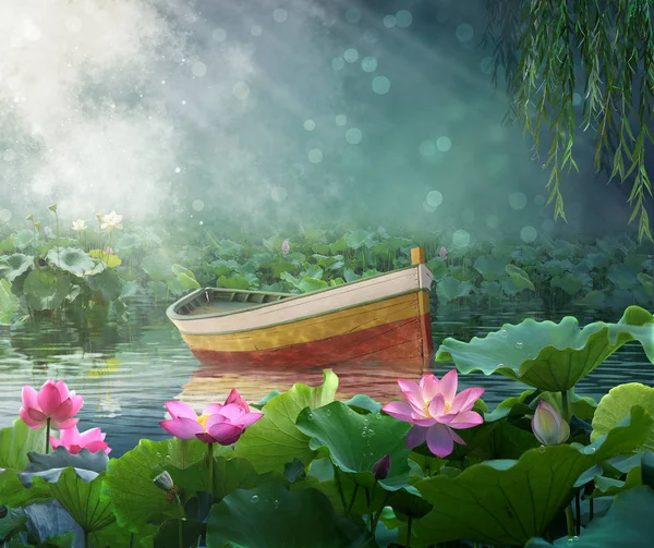 Boot in een fantasie rivier met lotus planten. — Stockfoto