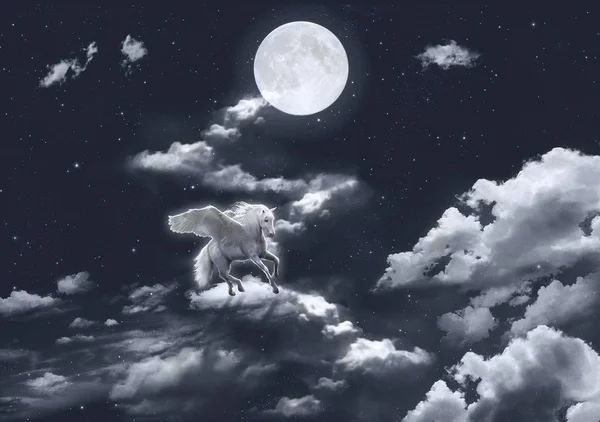 Kuda bersayap fantasi terbang di langit. Perender 3D — Stok Foto