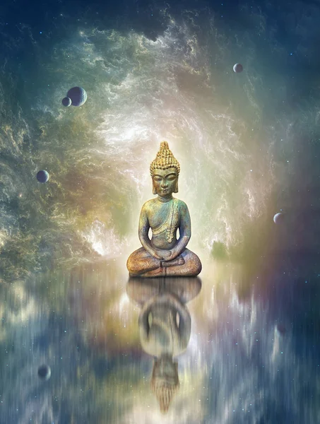 Bodhisattava Buddha meditation in a celestial cave with planets and water reflections providing a beautiful background