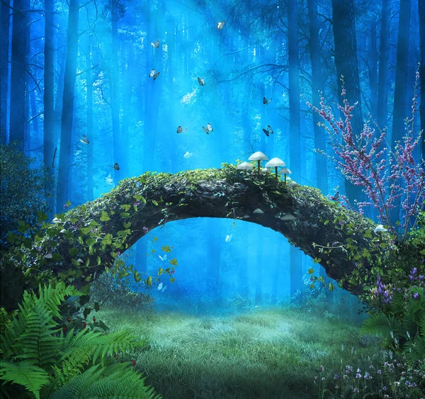 Bosque Mágico Por Noche Rayos Luz Iluminando Mariposas Azules Tronco —  Fotos de Stock