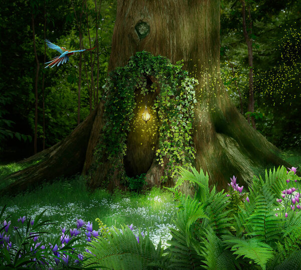 Fantasy tree with hole in the forest and parrot flying. Photo manipulation. 3d rendering.