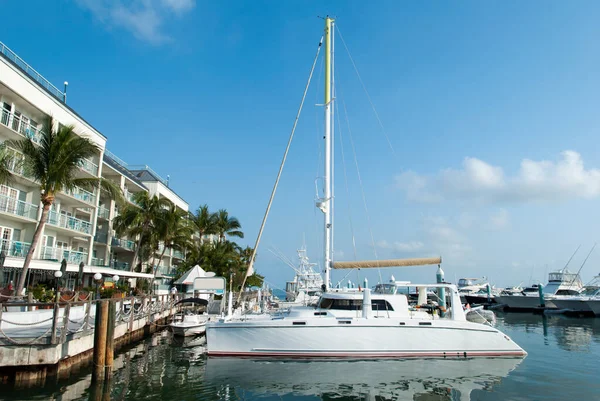 Morgonen Utsikt Över Vit Yacht Förtöjd Key West Resort Town — Stockfoto