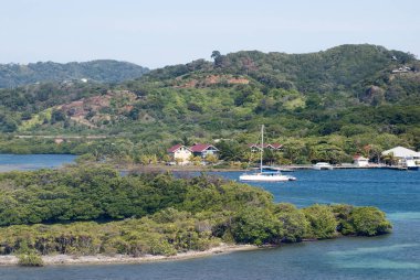 Yelkenli Roatan tatil köyü kıyısı boyunca seyahat eder (Honduras).