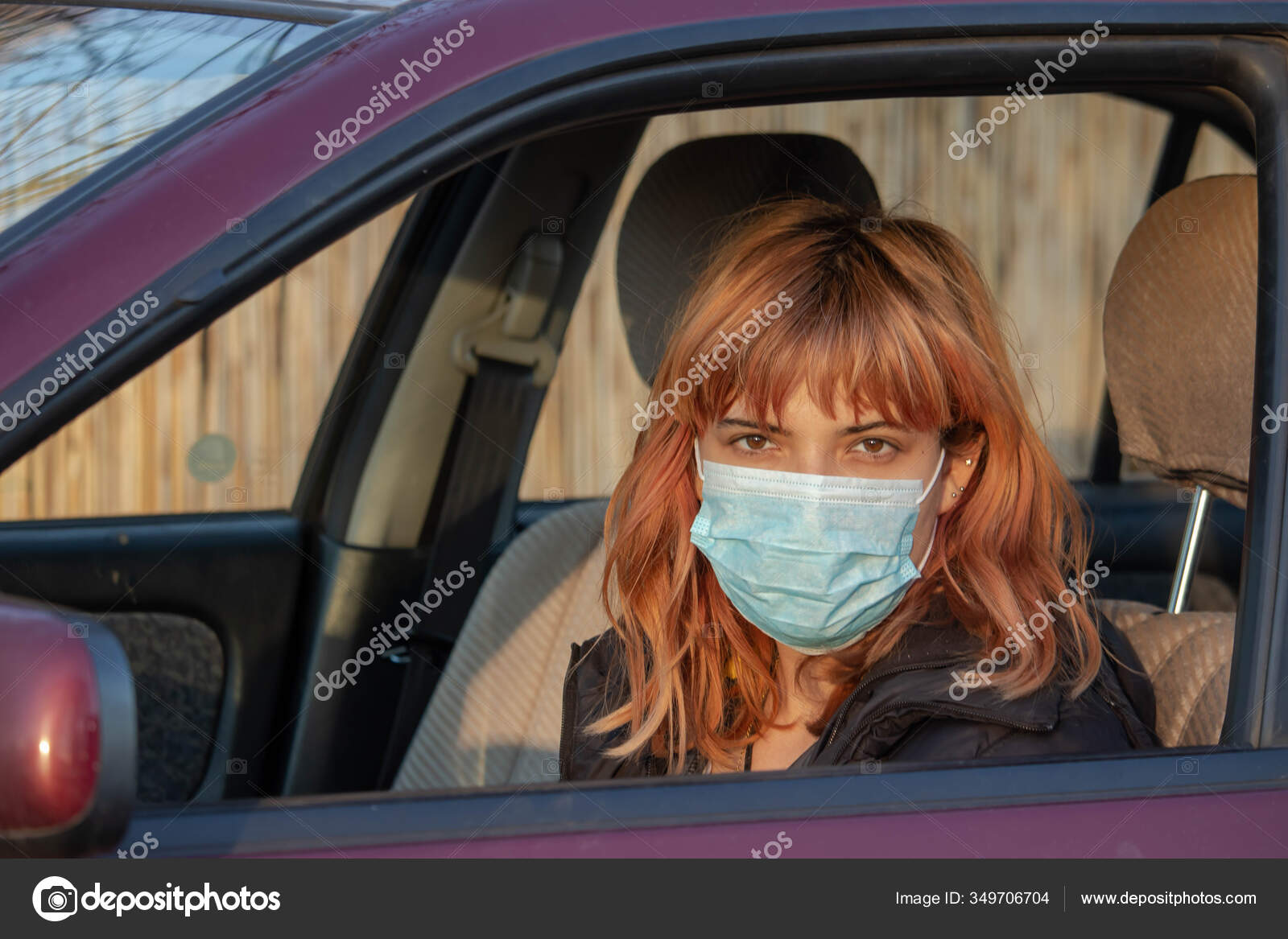 Girl Wearing Medical Mask Car Woman Wearing Mask Written Covid Stock