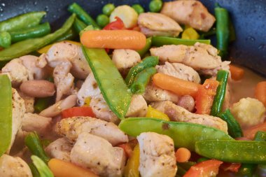 Tavada tavuk eti olan sebzeler