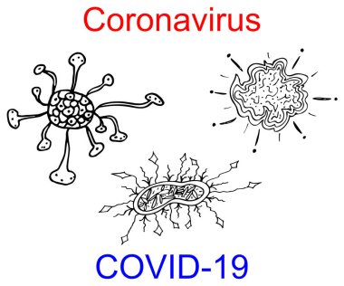 Covid-19 doğrusal simge kümesi. Vektör koronavirüs geçmişi. Üç çeşit bakterinin el çizimi çizimi. Bir eğitim posteri, reklam, afiş, bilgi, dekor, boyama kitabı, web için tasarım
