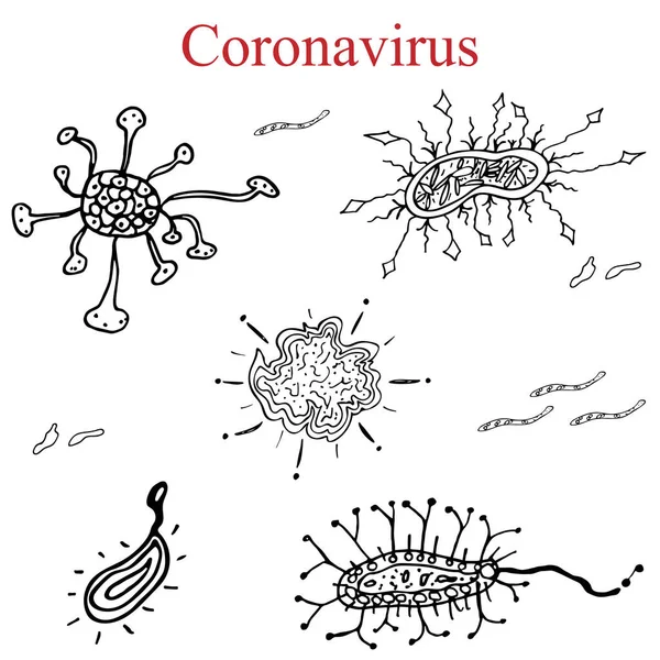Conjunto Ícones Coronavírus Desenhados Mão Uma Bela Coleção Diversos Pictogramas — Vetor de Stock