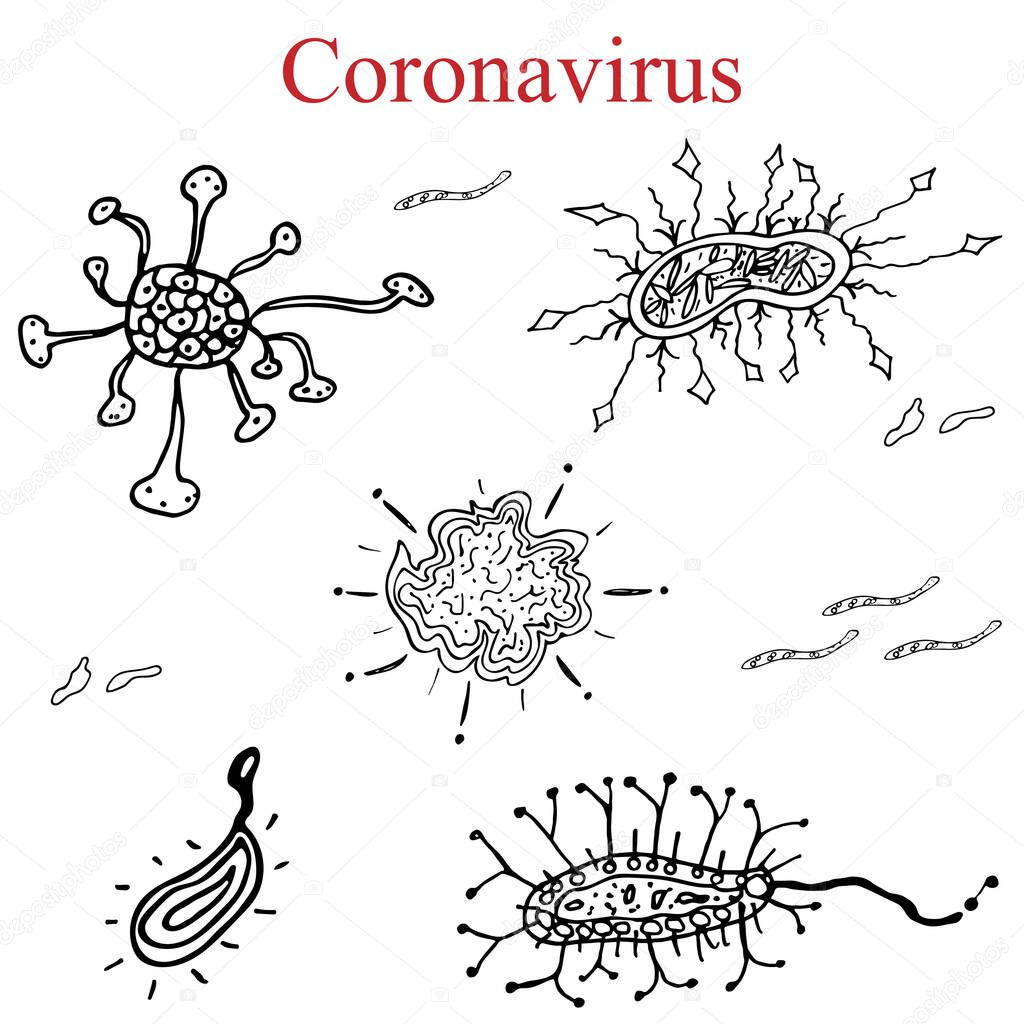 Set of hand-drawn coronavirus icons. A beautiful collection of diverse monochrome linear pictograms on a white background. Vector illustration