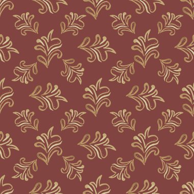 Terasotta arka planında el yapımı bej altın yaprakların kusursuz desenleri. Duvar kağıdı, kumaş, ambalaj malzemeleri, tekstil, hatıra defteri, baskı, dekor için retro stil güzel tasarım