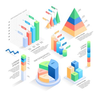 set of Isometric Infographic Elements - bar and line charts, percentages, pie charts. 3D Vector Illustration. clipart