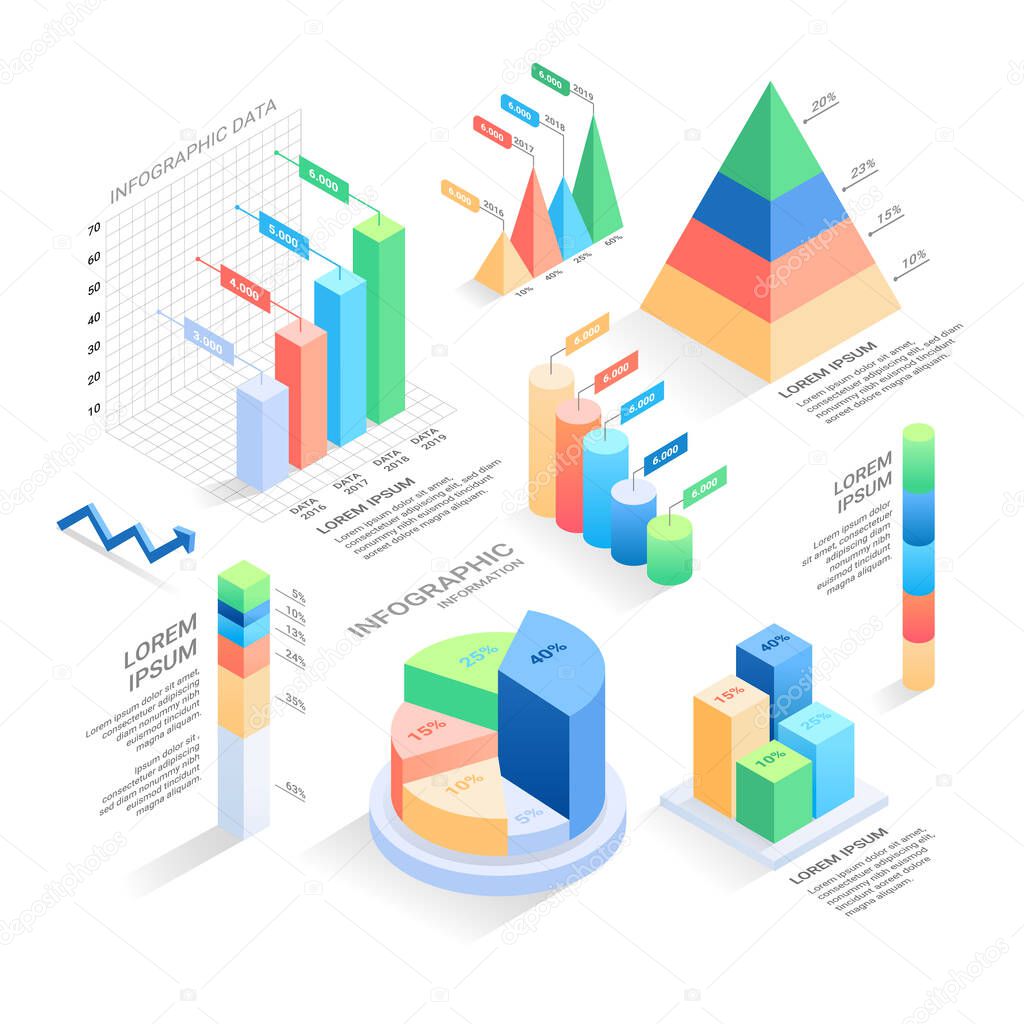 set of Isometric Infographic Elements - bar and line charts, percentages, pie charts. 3D Vector Illustration.