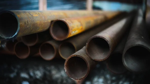 Art Photo Long Metal Pipes Perspective Blurry Background Beautiful Natural — Stock Photo, Image