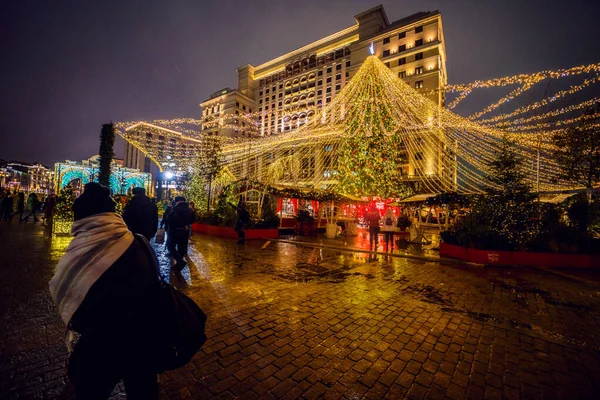 Moscow January 2020 Evening Square Decorated New Year Light Installations — 图库照片