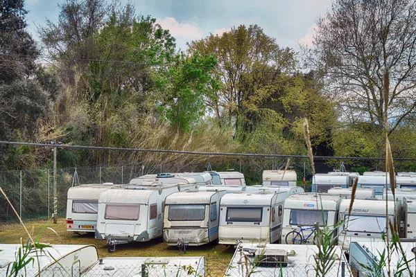 Espanha Lloret Mar Abril 2019 Reboques Estacionados Acampamento Turístico — Fotografia de Stock