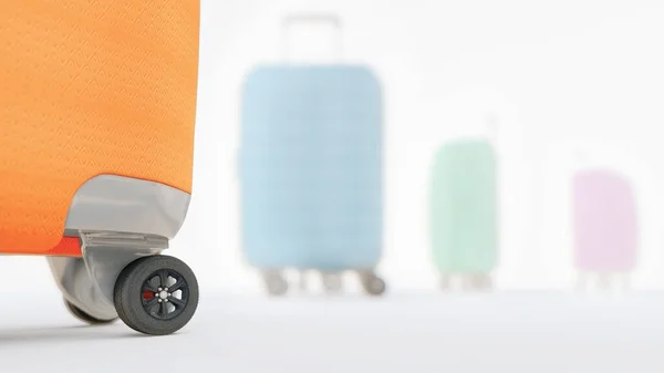 異なる色 フラグメント 3Dレンダリング 道路の自動車タイヤを持つ車輪のスーツケース — ストック写真