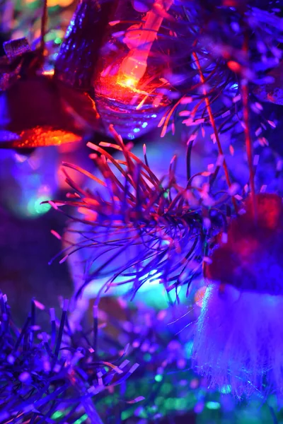 Smrk Větev Pozadí Jasných Prázdninových Světel Rozmazaný Obraz — Stock fotografie