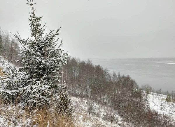 Όμορφο Χειμερινό Τοπίο Στην Πλαγιά Κοντά Στο Ποτάμι Φόντο Χιονισμένα — Φωτογραφία Αρχείου