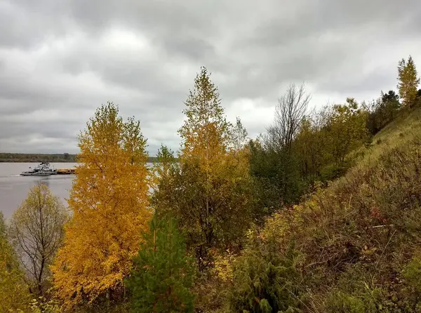 Beautiful Yellow Green Trees Slope River Ship Sails — Stock Photo, Image