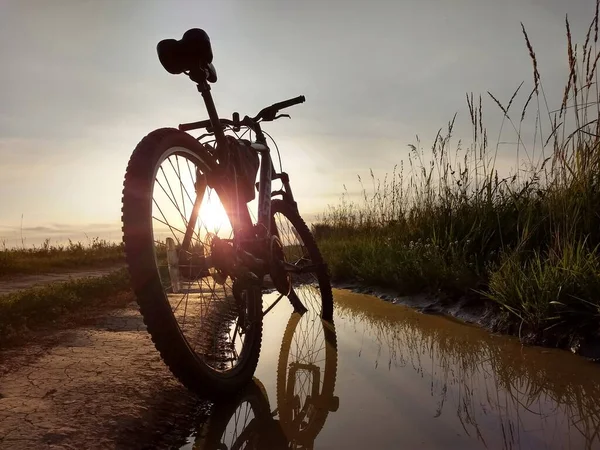 Rower Kałuży Poboczu Drogi Zachodzie Słońca Symbolizujący Aktywny Tryb Życia — Zdjęcie stockowe