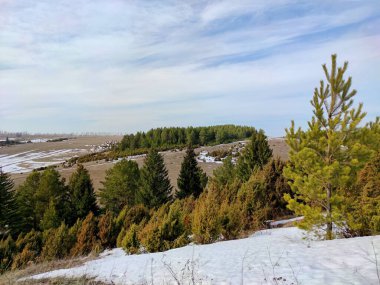 Güzel güneşli bahar manzarası yamaçta ağaçlarla eriyen kar bulutlu mavi gökyüzüne karşı.
