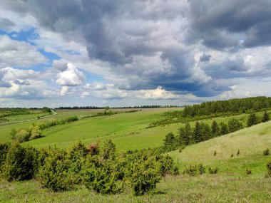 Yeşil çimen ve ağaçlarla kaplı yuvarlanan tepeler koyu bulutlu mavi gökyüzüne karşı