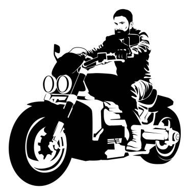 Motosikletli bir motorcu. Beyaz arka planda elektrikli motosikletli bir adamın siyah silueti.