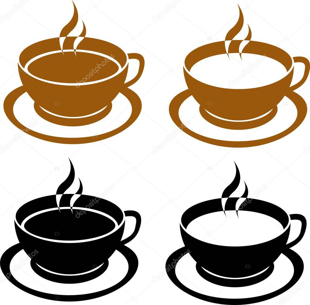 Cup with hot coffee on a saucer. Set of drawings of cups with a hot drink on a saucer on a white background