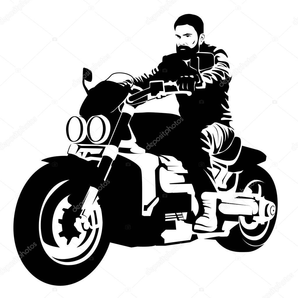 Biker on a motorcycle. Black silhouette of a man on an electric motorcycle on a white background
