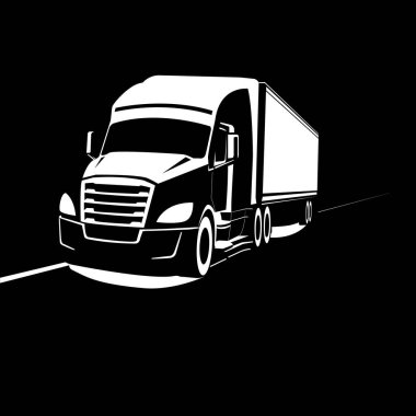 Yol boyunca giden kamyon. Siyah arka planda beyaz bir kamyon silueti.