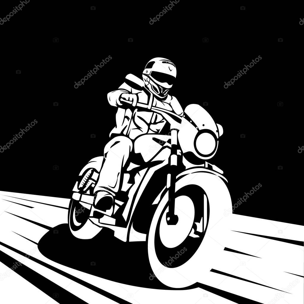 Biker on a motorcycle riding fast on the road. White silhouette of a motorcyclist in a helmet on a bike on a black background.