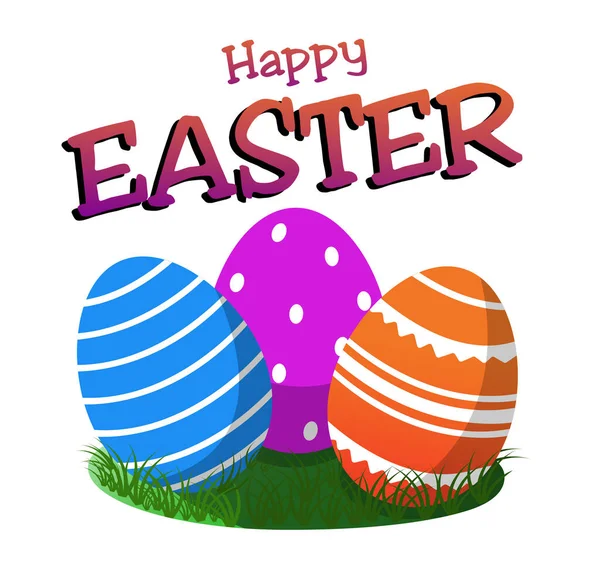 Paskalya yumurtaları üç parça ahududu, mavi ve turuncu yeşil çimlerin üzerinde yatıyor. Mutlu Paskalyalar.