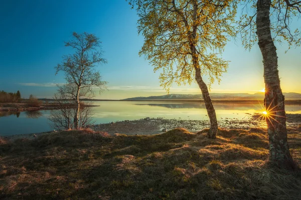 Morning Sunrise Lake Imandra Backdrop Khibiny Mountains Murmansk Region Kola — Stock Photo, Image