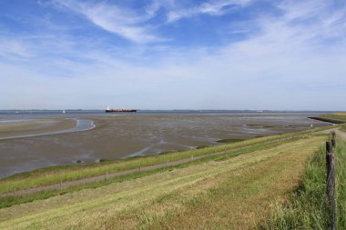 Bir gemi, Zeeland, Hollanda 'daki Scheldt nehrindeki büyük bir çamurlu düzlükte mavi gökyüzü ile baharda Antwerp' e doğru yol alıyor. 