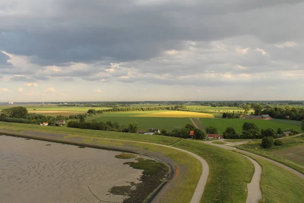 Antenna Kilátás Folyó Scheldt Tengeri Fal Mezőgazdasági Területek Zeeland Holland — Stock Fotó