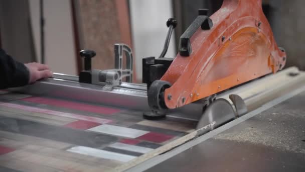 Seorang Pekerja Menggergaji Bagian Papan Pada Mesin Dengan Gergaji Listrik — Stok Video