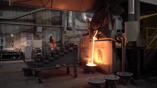 Gold Melting Process Two People Protective Clothing Working Hot Metal — Stock Video