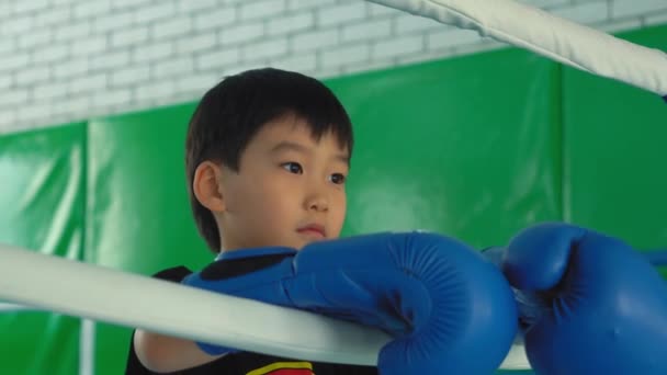 Ein Kind Mit Asiatischem Aussehen Boxring Schaut Genau Hin — Stockvideo