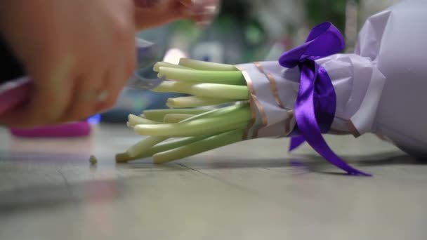 Florist Collects Bouquet Purple Tulips Florist Cuts Tulip Stems — Stock Video