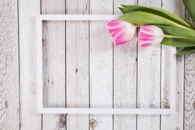 Lalelerle bahar arkaplanı, wodden arkaplanda çerçeve