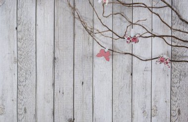 Ahşap arka planda bahar süslemeleri. Bazı dallar, kelebekler ve daha fazlası.