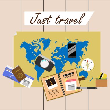 Harita, günlük, bilet ve seyahat için elementler