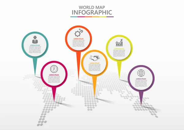 Mapa Mundial Negocios Iconos Infografía Línea Tiempo Diseñados Para Elemento — Vector de stock