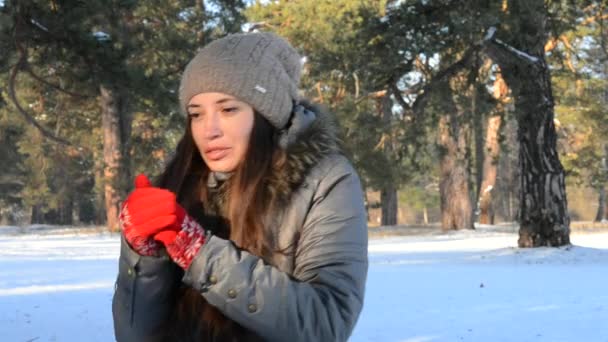 Девушка замерзла в холодной зиме — стоковое видео