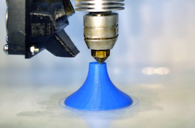 Modern 3D yazıcı yazdırma şekli mavi renkler yakın plan