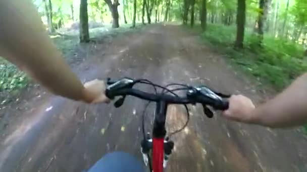 Велоспорт в лісі на брудній дорозі — стокове відео