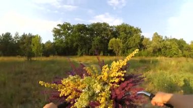 Ağır çekim. Kadın bir alan üzerinden bir bisiklet sürme