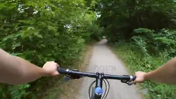 Ein Mann auf dem Fahrrad rast mit hoher Geschwindigkeit auf einem Feldweg im Wald — Stockvideo